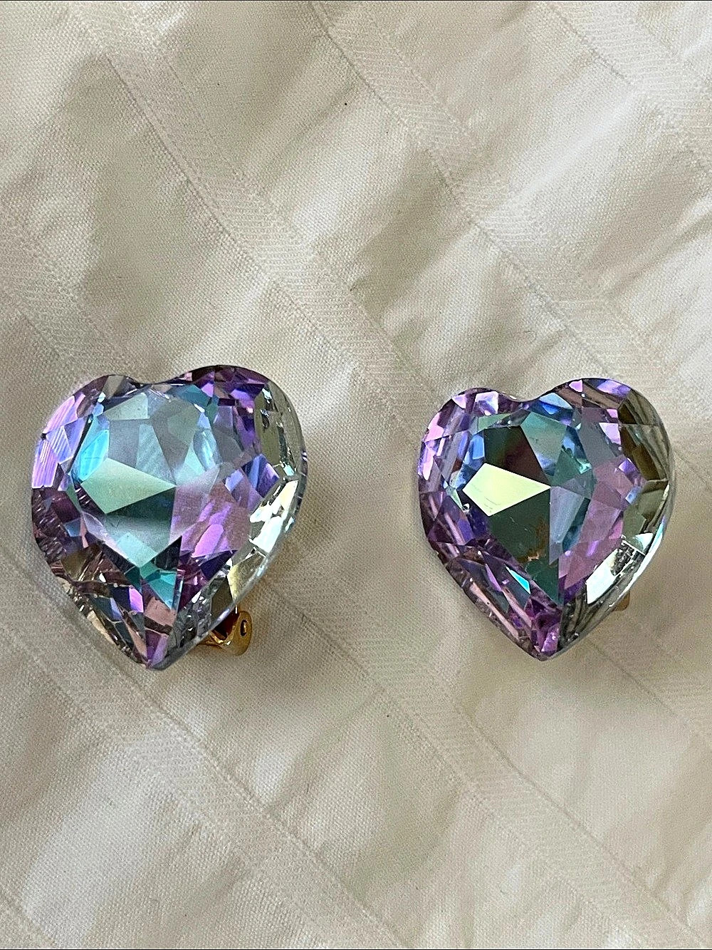 Vintage Iridescent Heart Clip-On Earrings